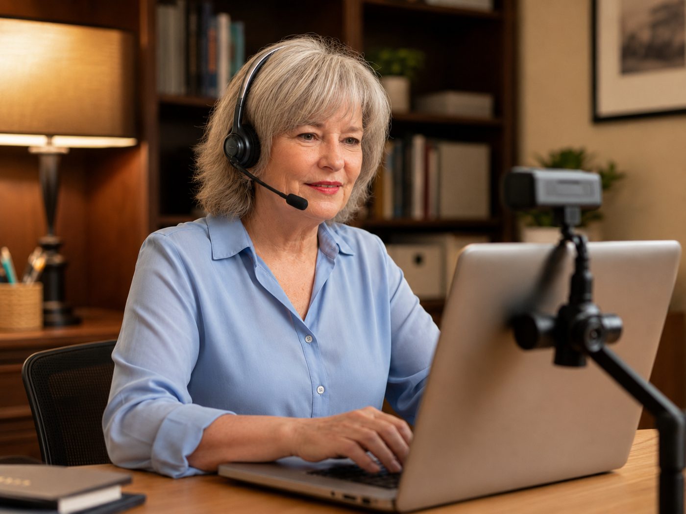 Notary on a secure video call from a home office